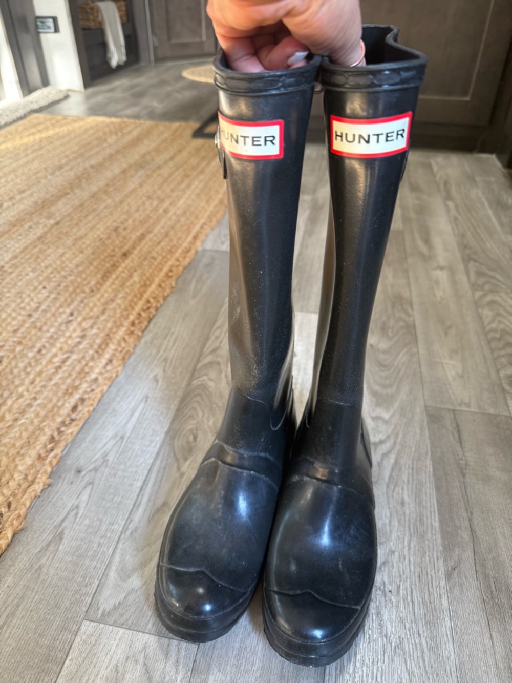 Hunter Glossy Black Tall Rain Boots with Red Logo
